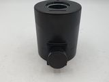 a close up of a black plastic cup on a white surface