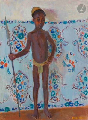 an oil painting of a young boy holding a spear in front of a wall