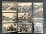 several old black and white photographs of people on horses and carriages