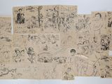 several drawings of people and animals on a sheet of paper