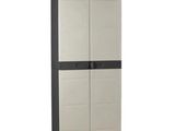 a white and black cabinet with two doors and two drawers
