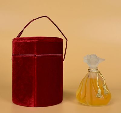 un petit flacon de parfum à côté d'une boîte rouge