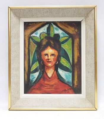 painting of a woman in a red dress with a green leaf on her head