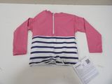 pink and blue striped baby romper with white and blue stripes