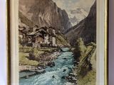painting of a mountain village with a river in the foreground