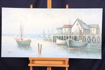 une photo d'un tableau posé sur un chevalet, avec un bateau dans l'eau