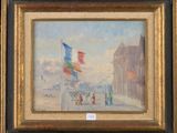 une image représentant une peinture d'une rue de la ville où des gens passent