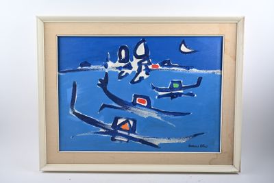 painting of a painting of a boat in a body of water with sailboats in the background