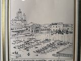 a picture of a drawing of a harbor with boats