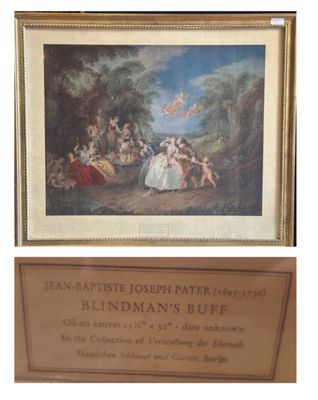 deux photos d'un tableau représentant une réunion de famille dans un cadre boisé