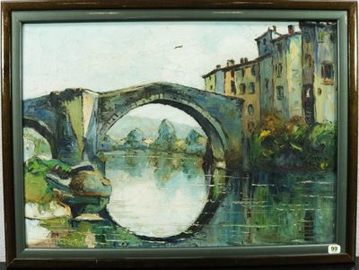 une peinture représentant un pont au-dessus d'une rivière avec des bâtiments à l'arrière-plan