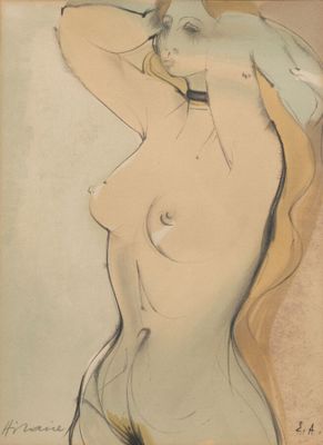 une image représentant le dessin d'une femme nue, les mains posées sur la tête