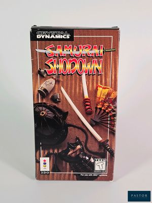 On voit ici la boîte du jeu Nintendo « Samurai Shodom ».
