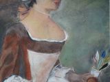 tableau représentant une femme assise sur une chaise, une plume à la main
