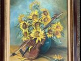 a painting of a violin and sunflowers in a vase