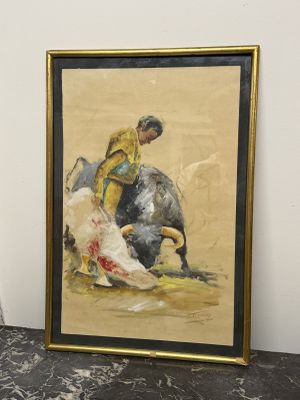 tableau représentant un taureau et un homme vêtu d'une veste jaune