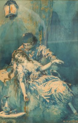 une image représentant un tableau où l'on voit un homme et une femme assis sur un lit