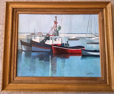 a painting of a red and white boat in the water
