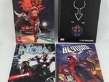 three comics from the marvel universe are on display in front of a white background