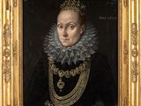 a painting of a woman in a black dress with a gold chain around her neck