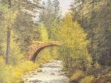 une peinture représentant un pont au-dessus d'un ruisseau dans les bois