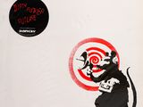 graffiti of a rat with a target in its mouth and a target in its mouth