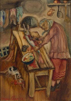 tableau représentant une femme et un chien dans une cuisine, avec du linge suspendu à une corde à linge