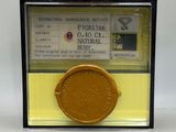 a gold medal in a glass case on a white surface