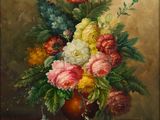tableau représentant un vase de fleurs posé sur une table devant un mur
