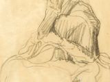 an old drawing of a woman sitting on top of a bed