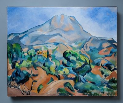 a painting of a mountain with trees in the foreground
