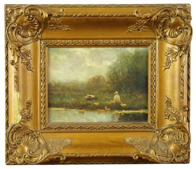 une peinture à l'huile représentant une scène fluviale avec des moutons dans l'eau
