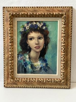 tableau représentant une femme en robe bleue, avec des fleurs dans les cheveux