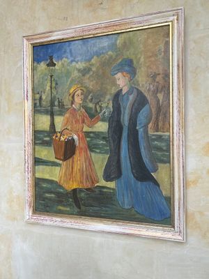 un tableau représentant un homme et une femme se promenant dans un parc
