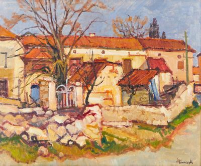 une peinture à l'huile représentant une maison avec un arbre devant