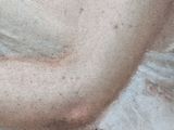 a close up of a painting of a woman holding a cell phone