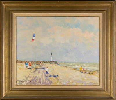 une peinture à l'huile représentant une scène de plage avec des personnes sur le sable et des cerfs-volants dans le ciel