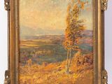 a painting of a landscape with a lone tree in the foreground
