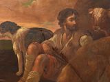 a painting of a man sitting on the ground with a dog