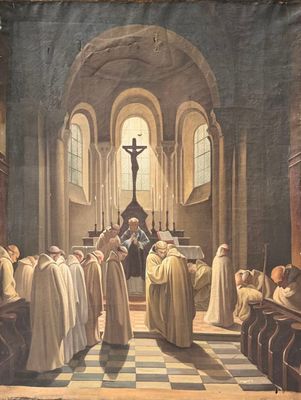 tableau représentant un groupe de prêtres dans une église avec un crucifix
