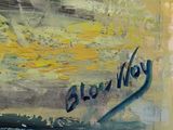 an oil painting of a boat in the ocean with a yellow sky