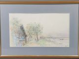 aquarelle encadrée représentant une scène de ferme avec une grange au loin