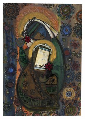 une image représentant un tableau où l'on voit une femme tenant un téléphone portable