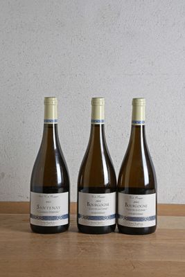 trois bouteilles de vin sont alignées sur une table en bois