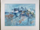 a picture of a painting of boats on the water
