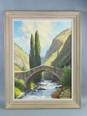 an oil painting of a bridge over a river in a mountainous landscape