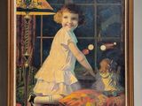 a painting of a little girl playing with a teddy bear