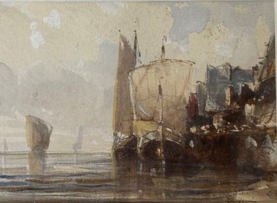 a painting of a boat in the water with other boats in the background