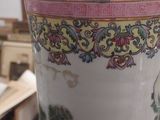 a person holding a cup that has a peacock on it