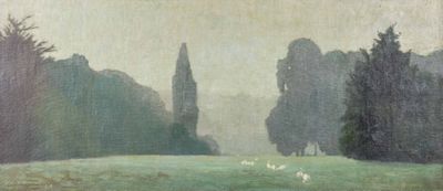 tableau représentant des moutons paissant dans un pré verdoyant, avec des arbres en arrière-plan
